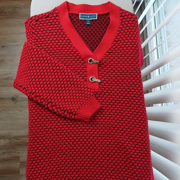 Karen Scott Sweaters - Karen Scott Red & Black Puff Knit Henley Sweater M silver metal clasps V-neck LS